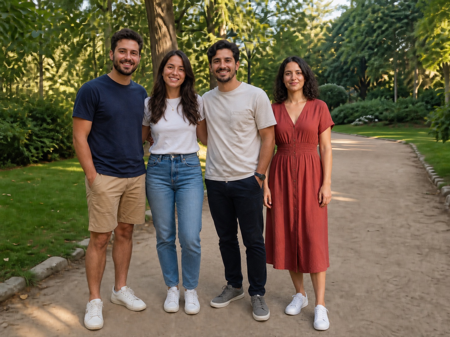 Before and after group photo with one woman added from a second reference