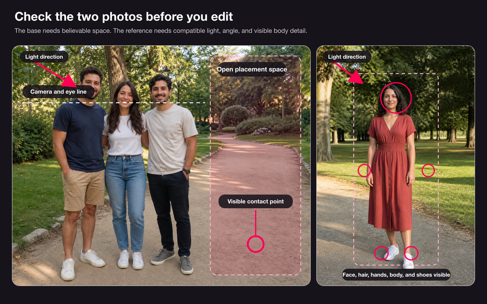 Annotated base picture and person reference showing compatible light, camera line, body visibility, open space, and ground contact