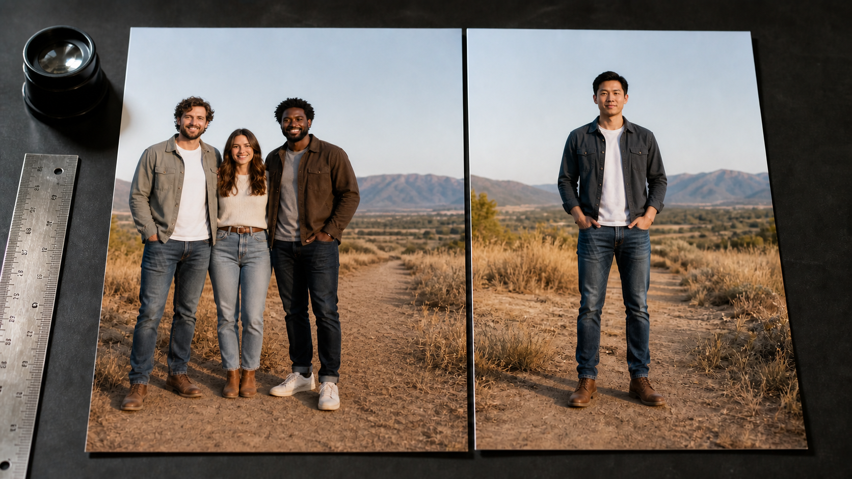 Group photo and full-body person reference taken from a compatible camera height and light direction