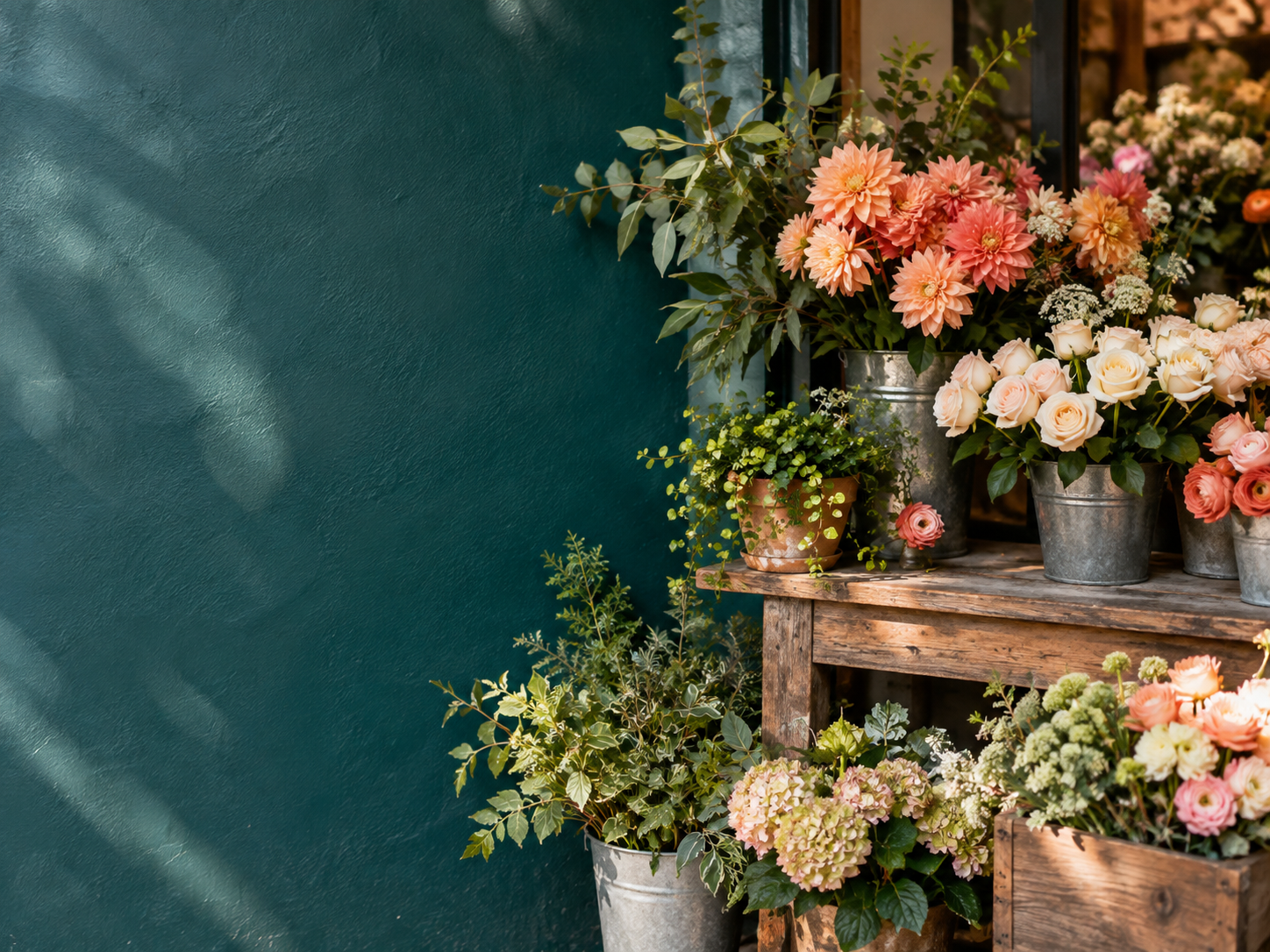 Flower-shop source photo with a clear teal wall beside the display, before any caption is added