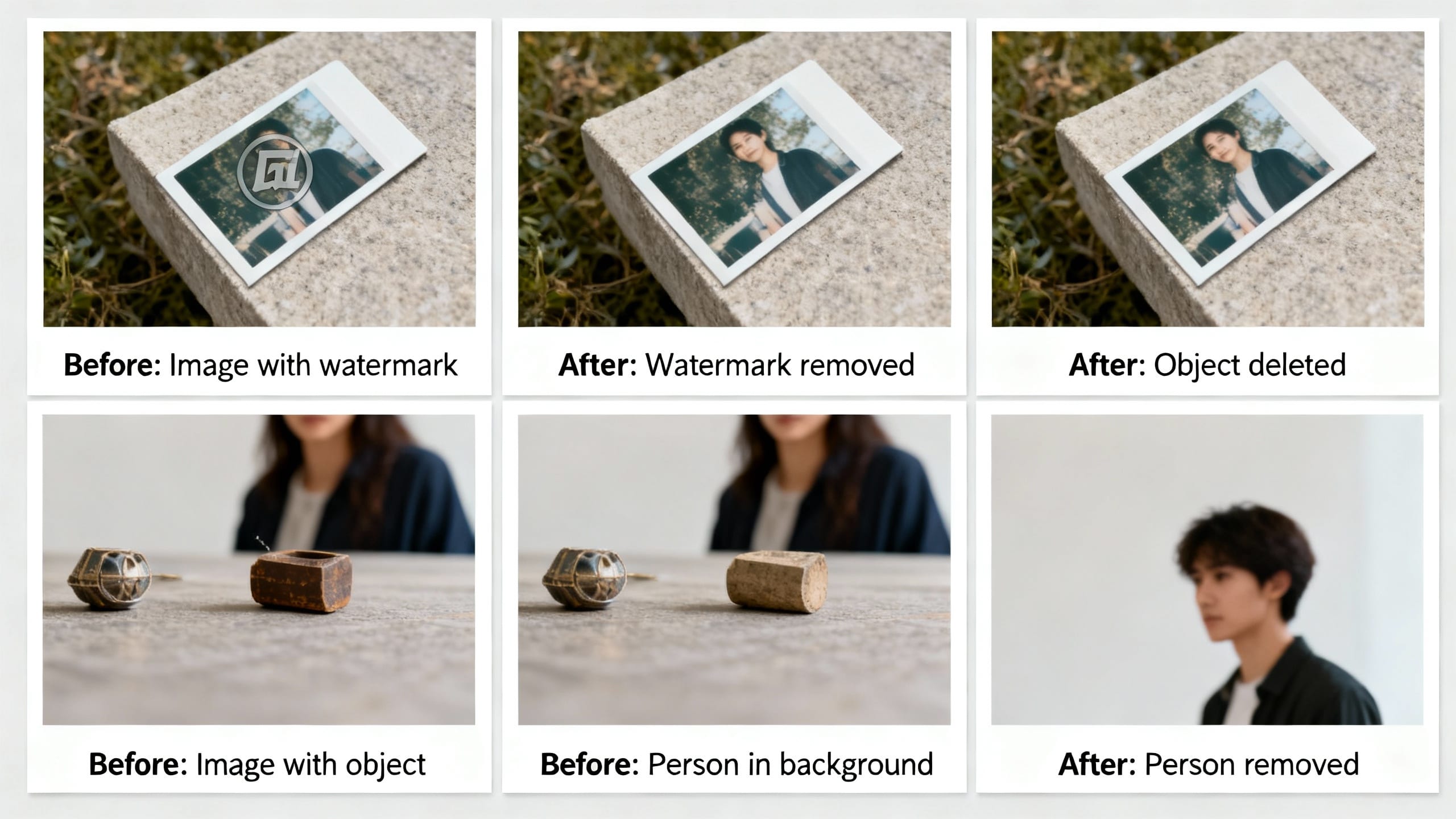 Collage of small before-and-after examples: watermark removal, object deletion, person removed from background
