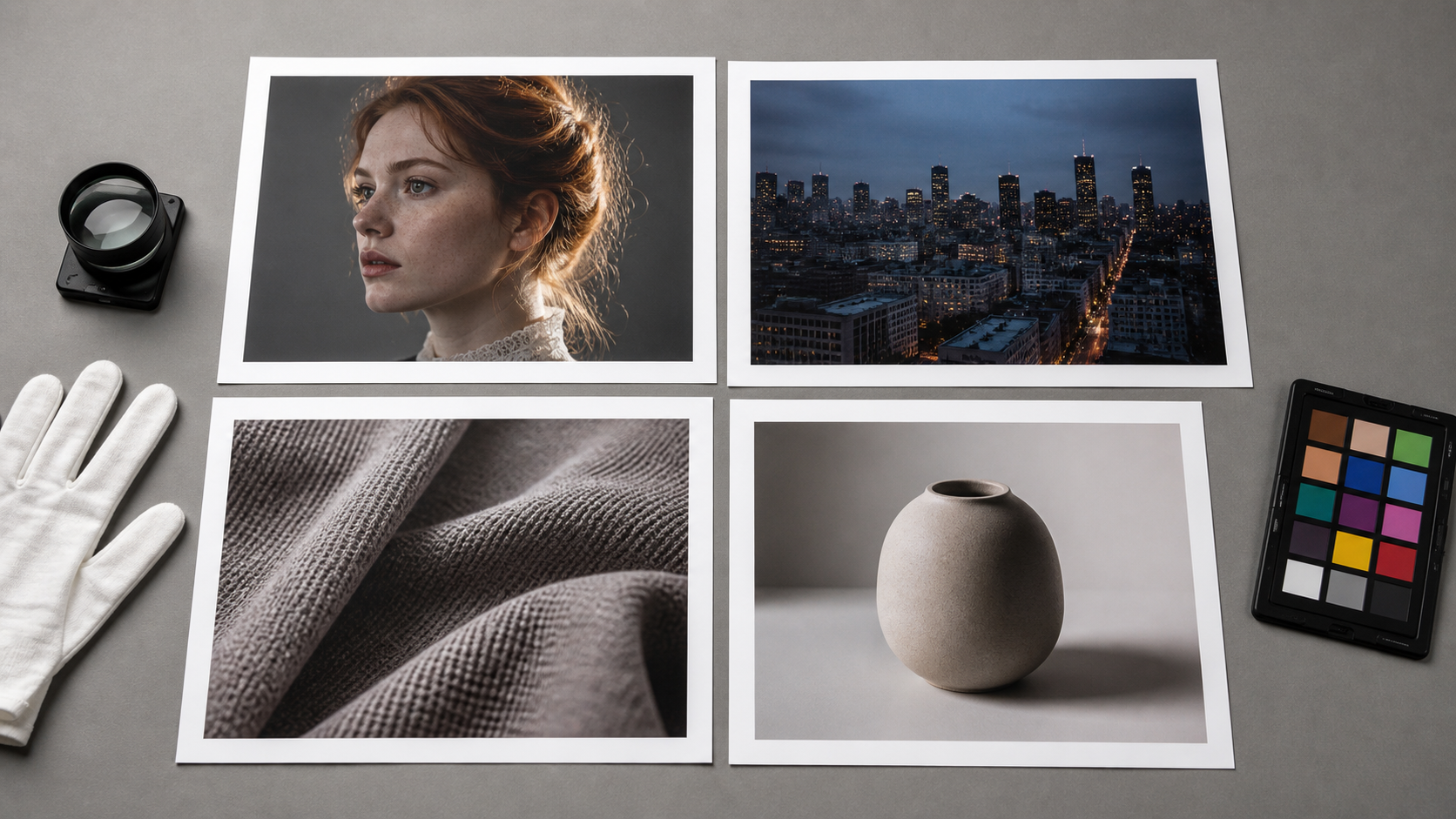 Printed photo checks for portrait edges, low-light detail, fabric texture, and product shadows