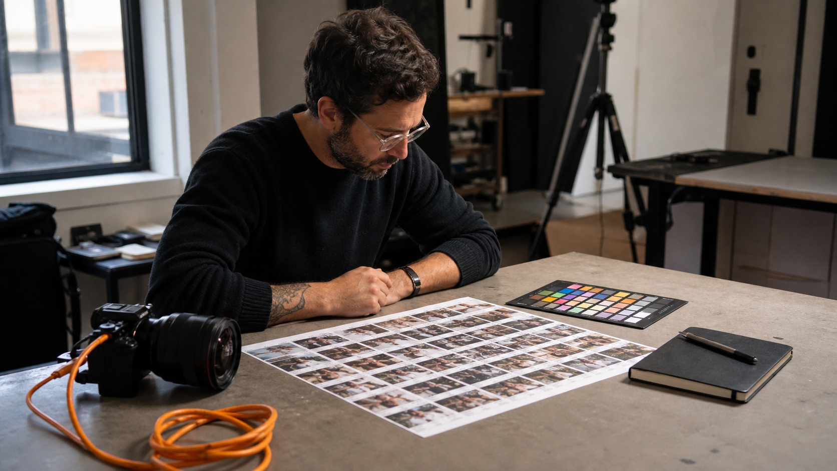 A photographer reviewing a large contact sheet beside a tethered camera and color target