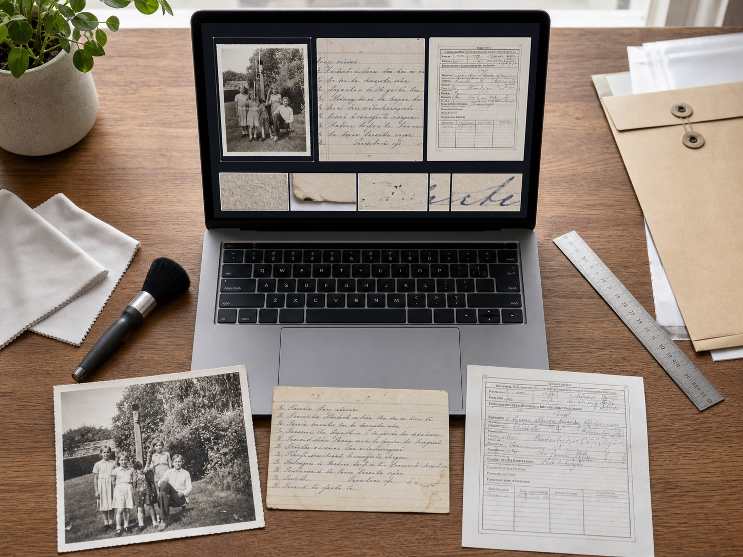 A quality-control workstation with old photos, handwritten notes, a form, cleaning tools, and enlarged scan details on a laptop