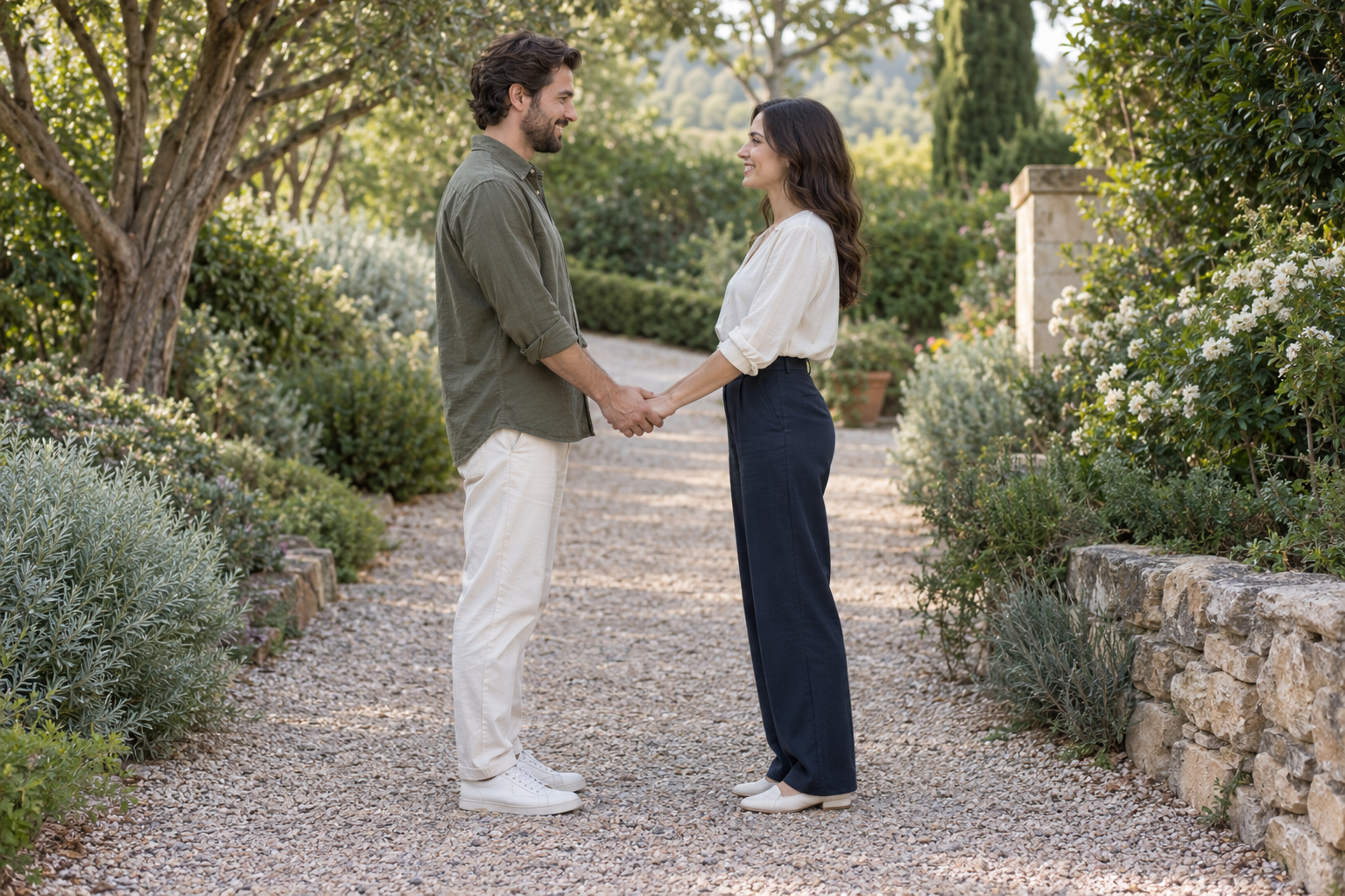Couple facing each other and holding hands low, with relaxed arms and balanced feet