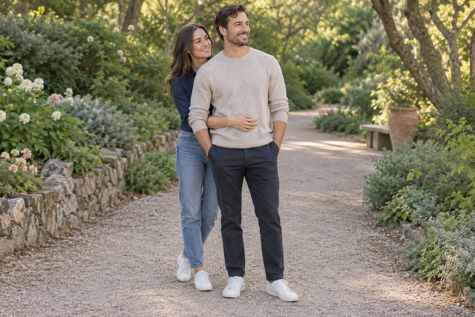 Couple demonstrating a loose hug from behind with the rear partner offset so both faces remain visible