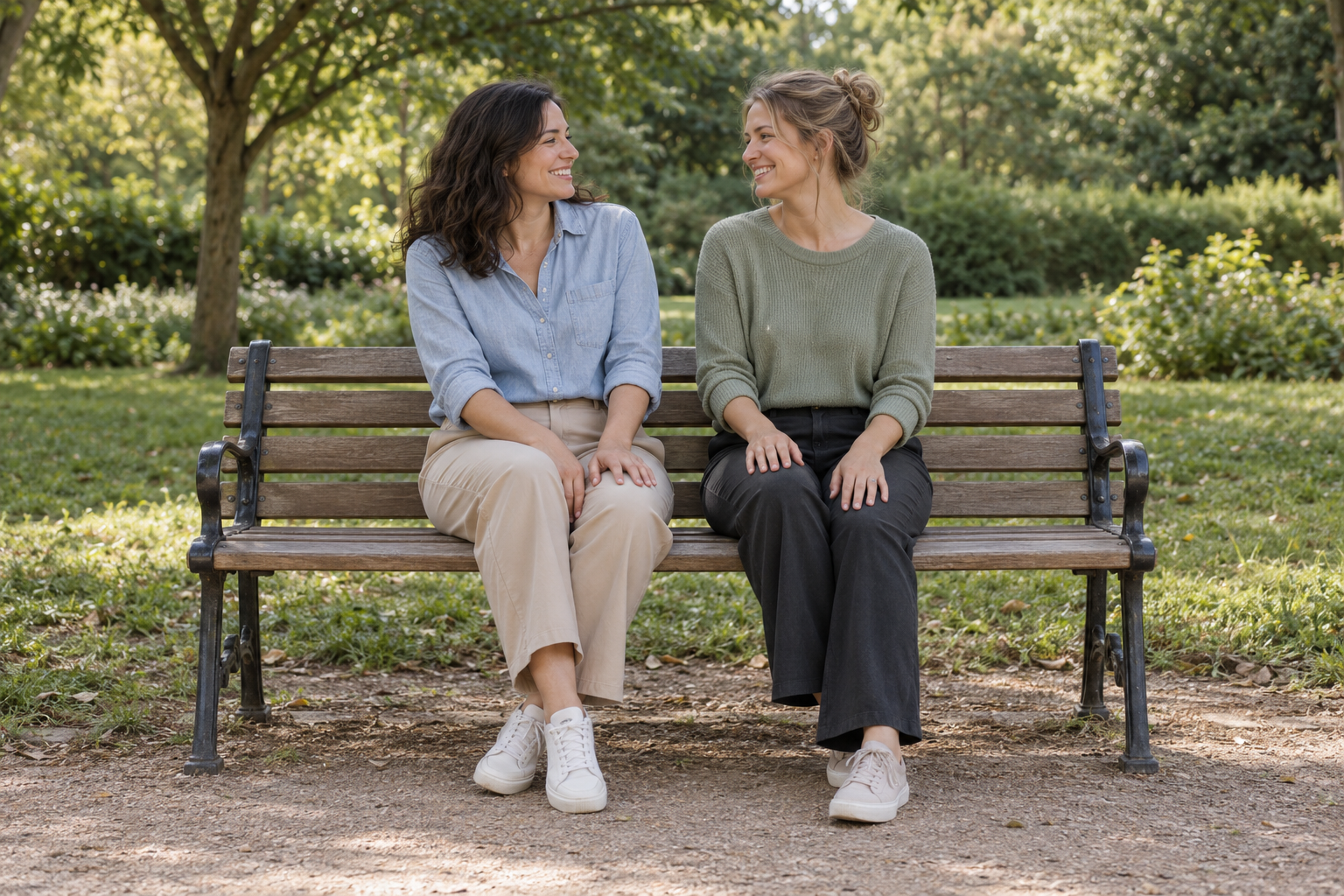 Two women seated on a park bench, angled toward each other with their hands resting on their thighs