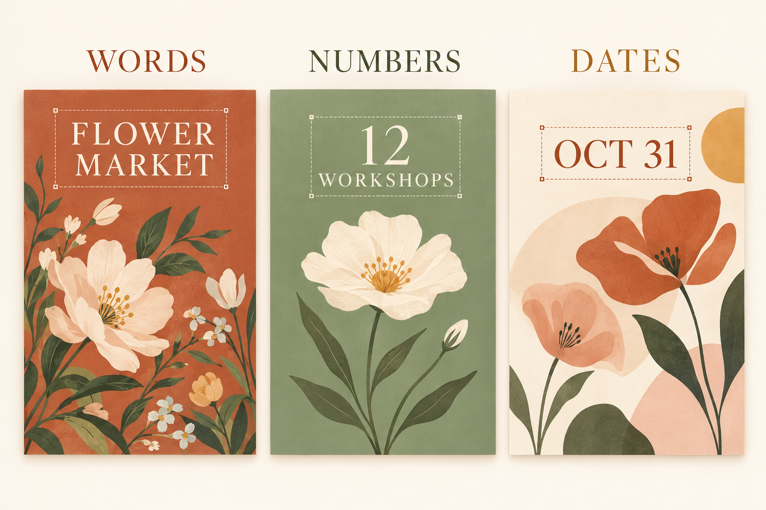 Illustrated digital event cards showing a headline, a workshop count, and an event date