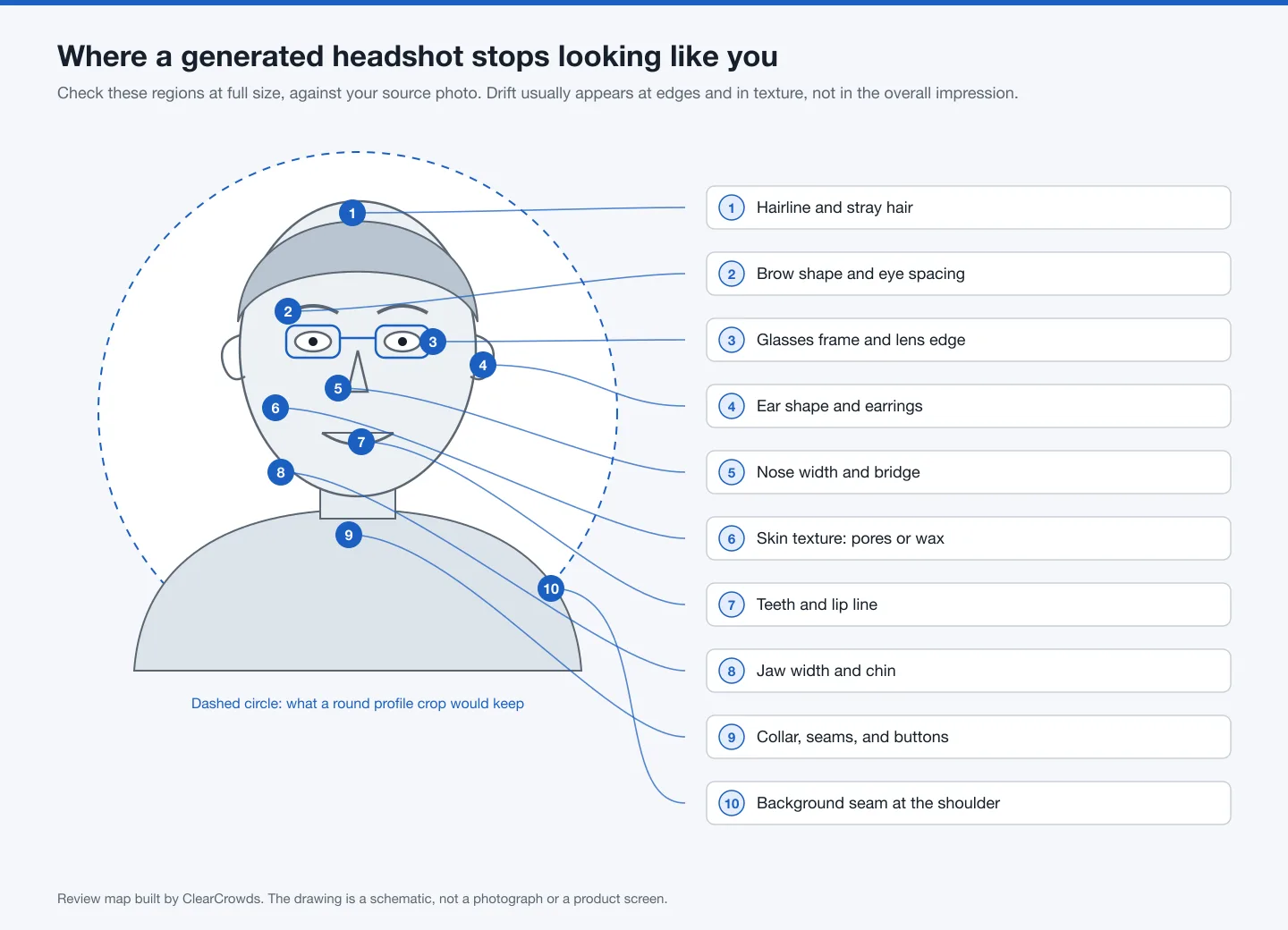 A schematic head showing the ten regions where a generated headshot most often stops matching the source photo