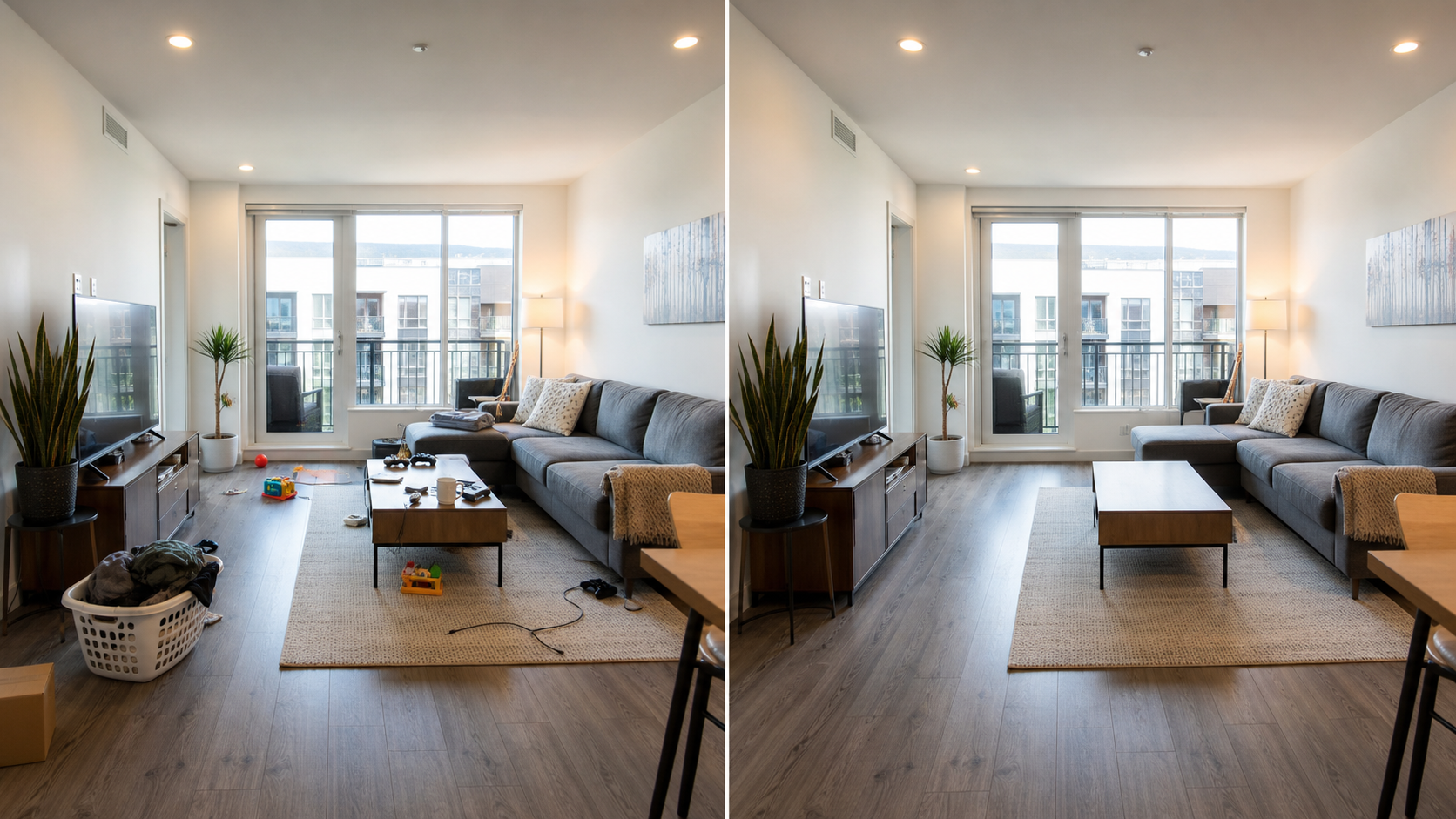Before-and-after AI real estate photo cleanup for a tidy interior listing