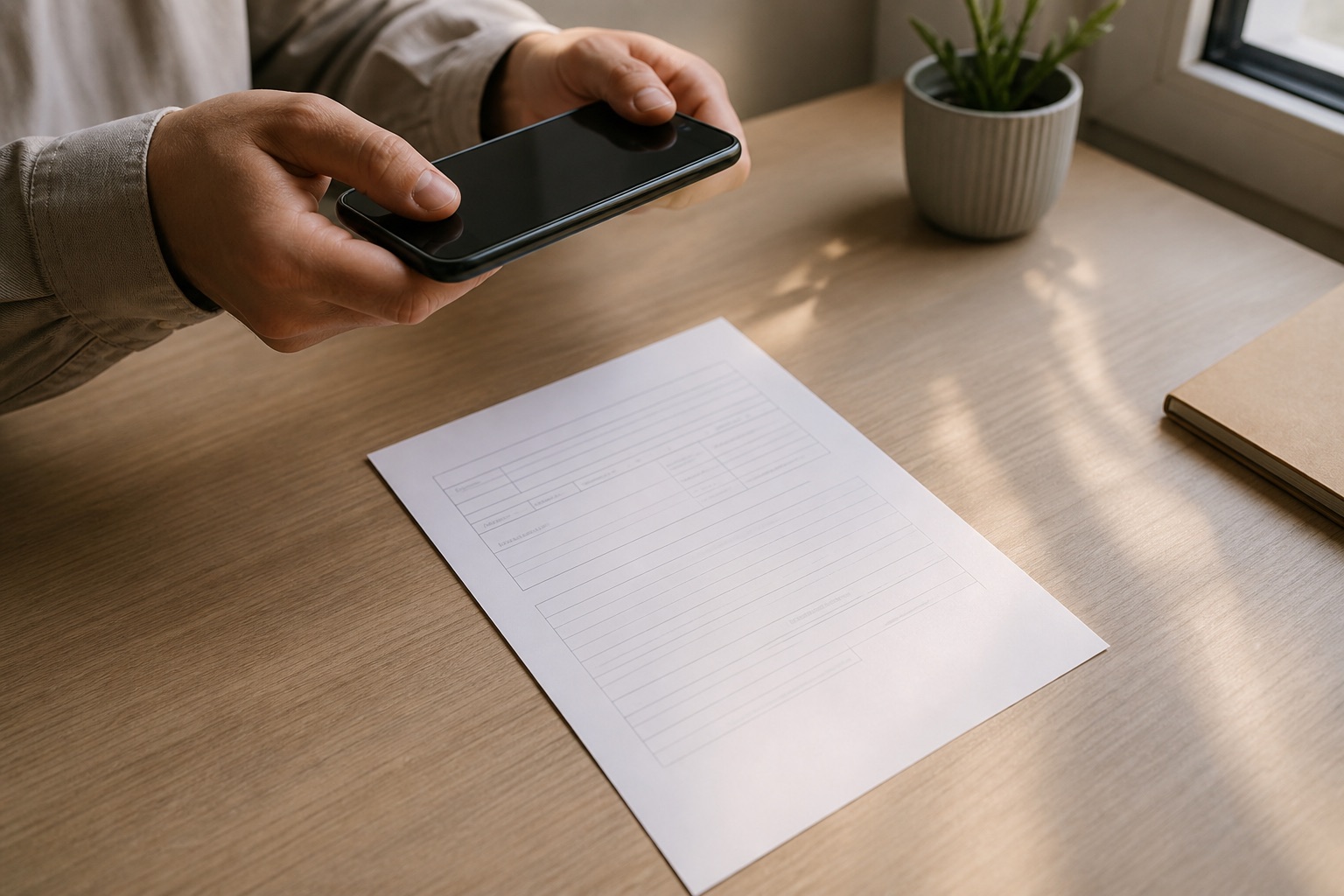 Phone held at an angle to avoid casting a document shadow