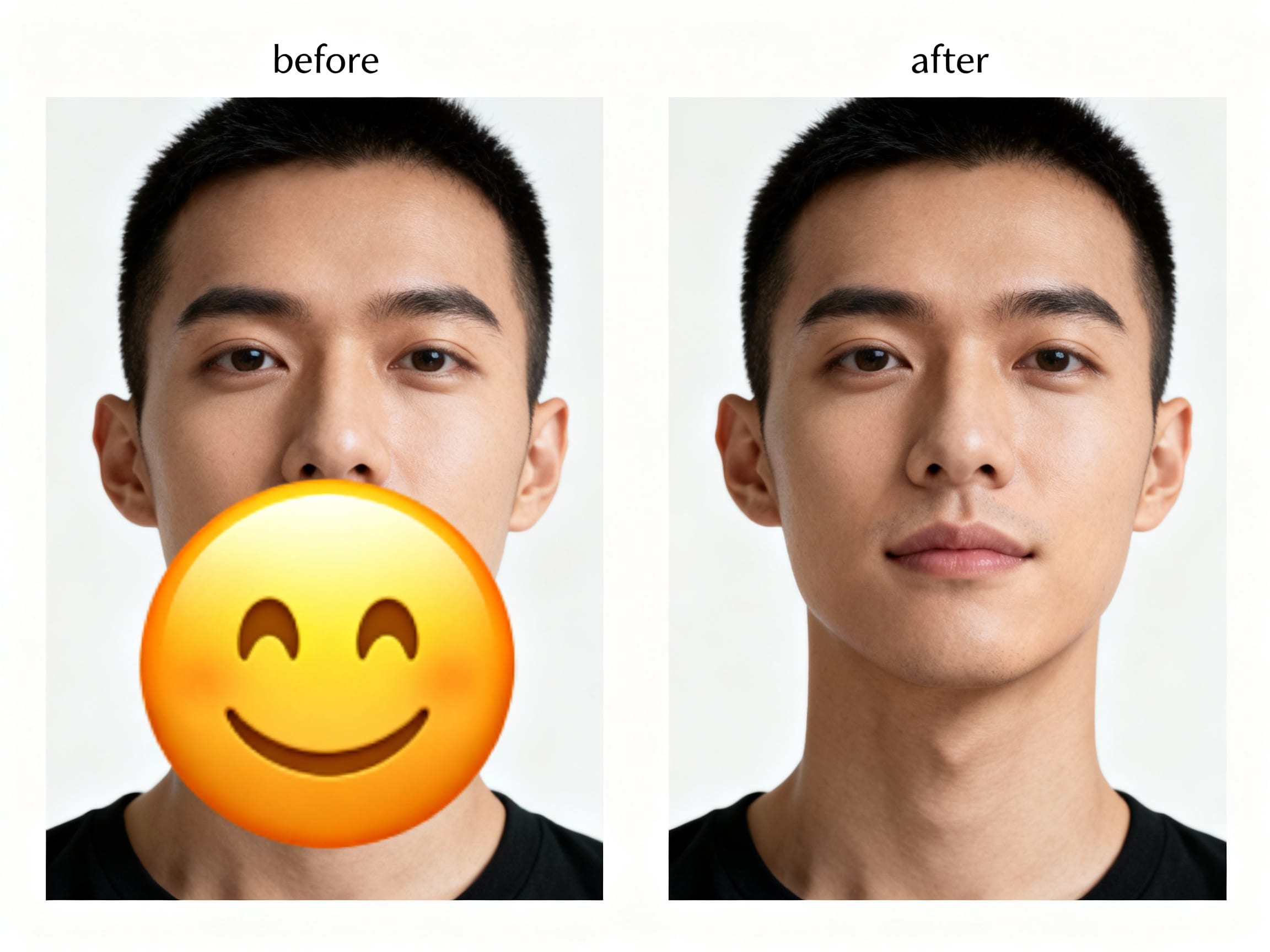Side-by-side comparison of a photo before and after emoji removal, showing a seamless background fill