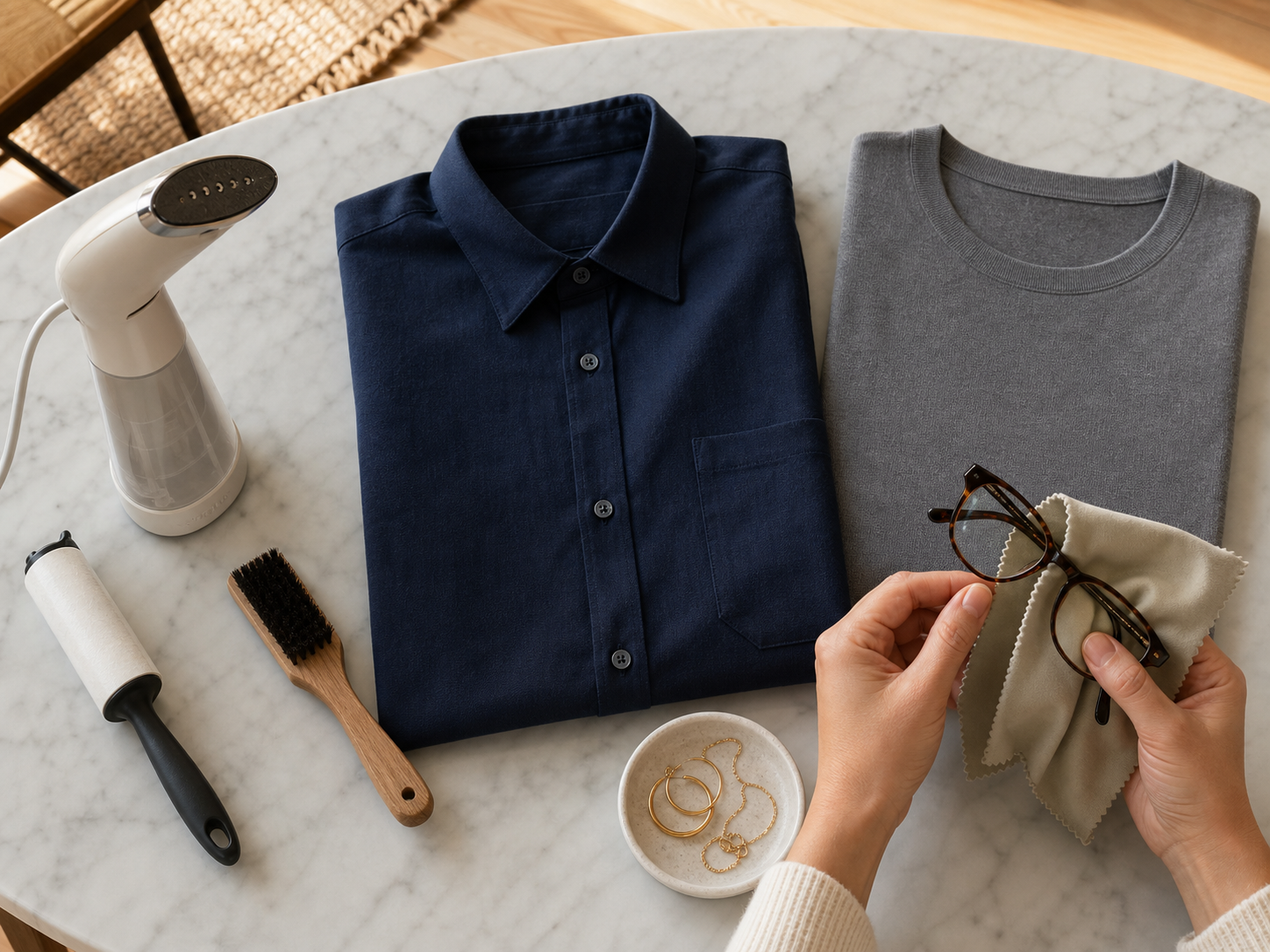 A headshot outfit preparation table with a steamer, lint roller, fabric brush, clean glasses, and simple jewelry