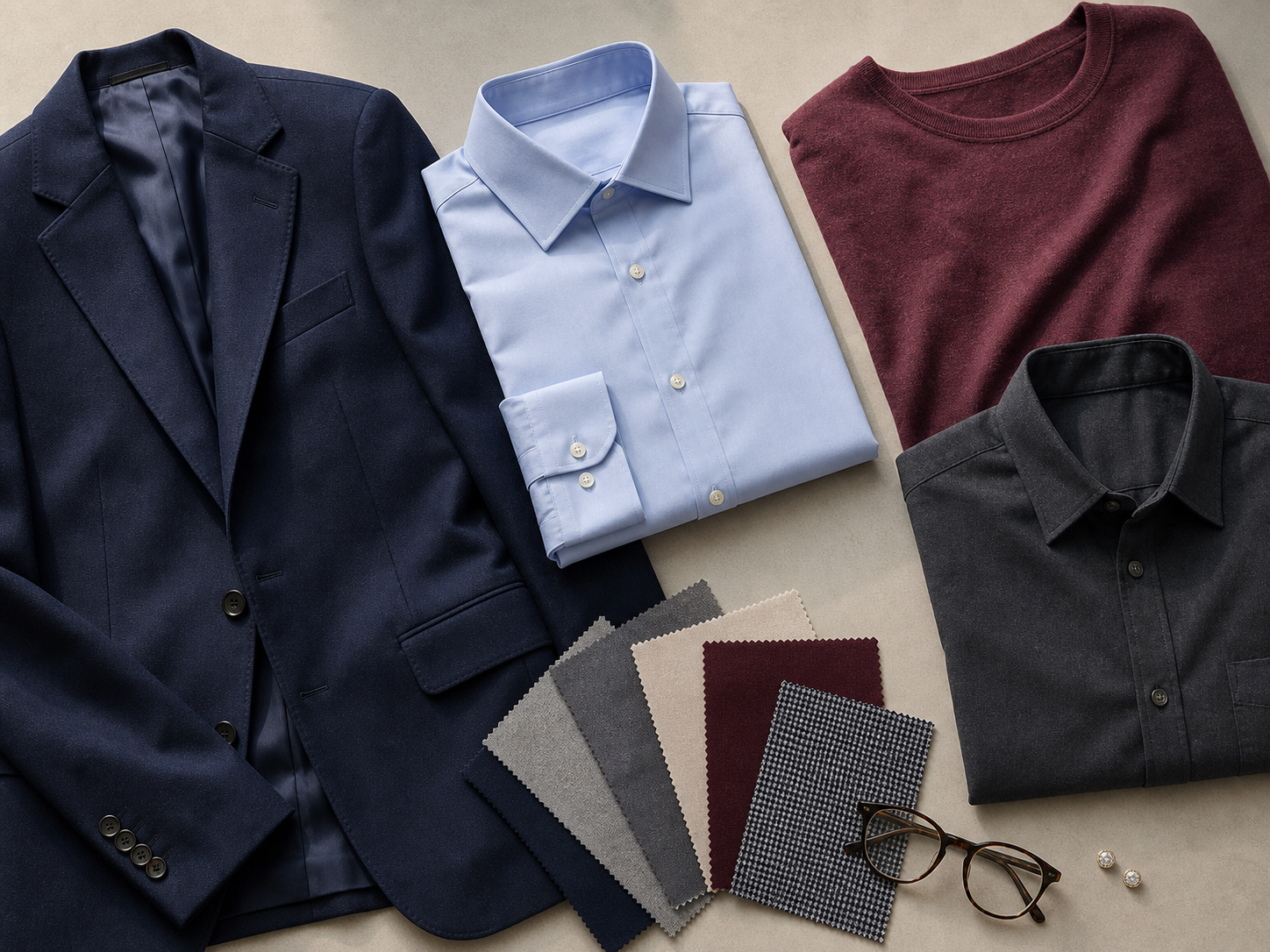 A professional headshot wardrobe palette with solid shirts, a structured layer, a quiet pattern, glasses, and simple accessories