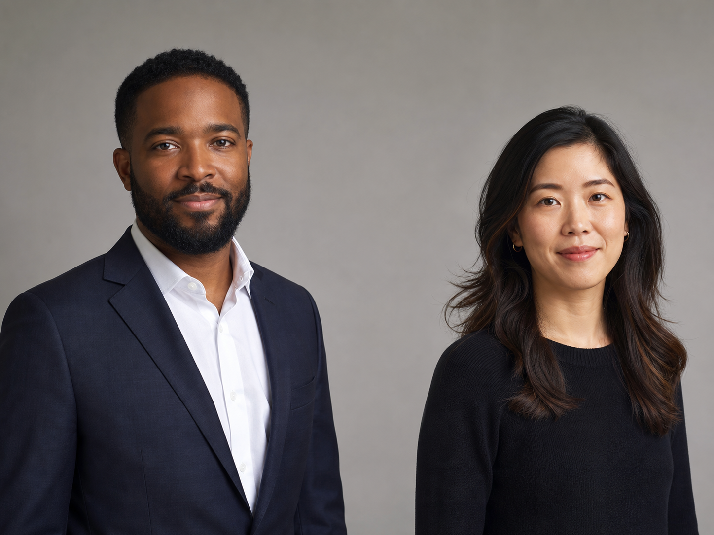 Two work-ready headshot outfits showing a structured client-facing option and a polished knit option