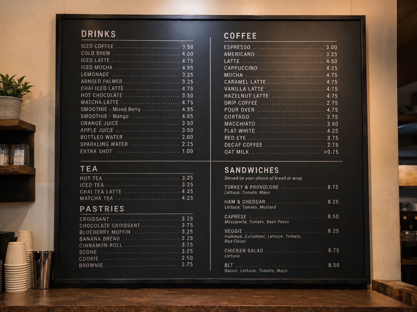 Carte de café dense photographiée avant la modification d'un prix