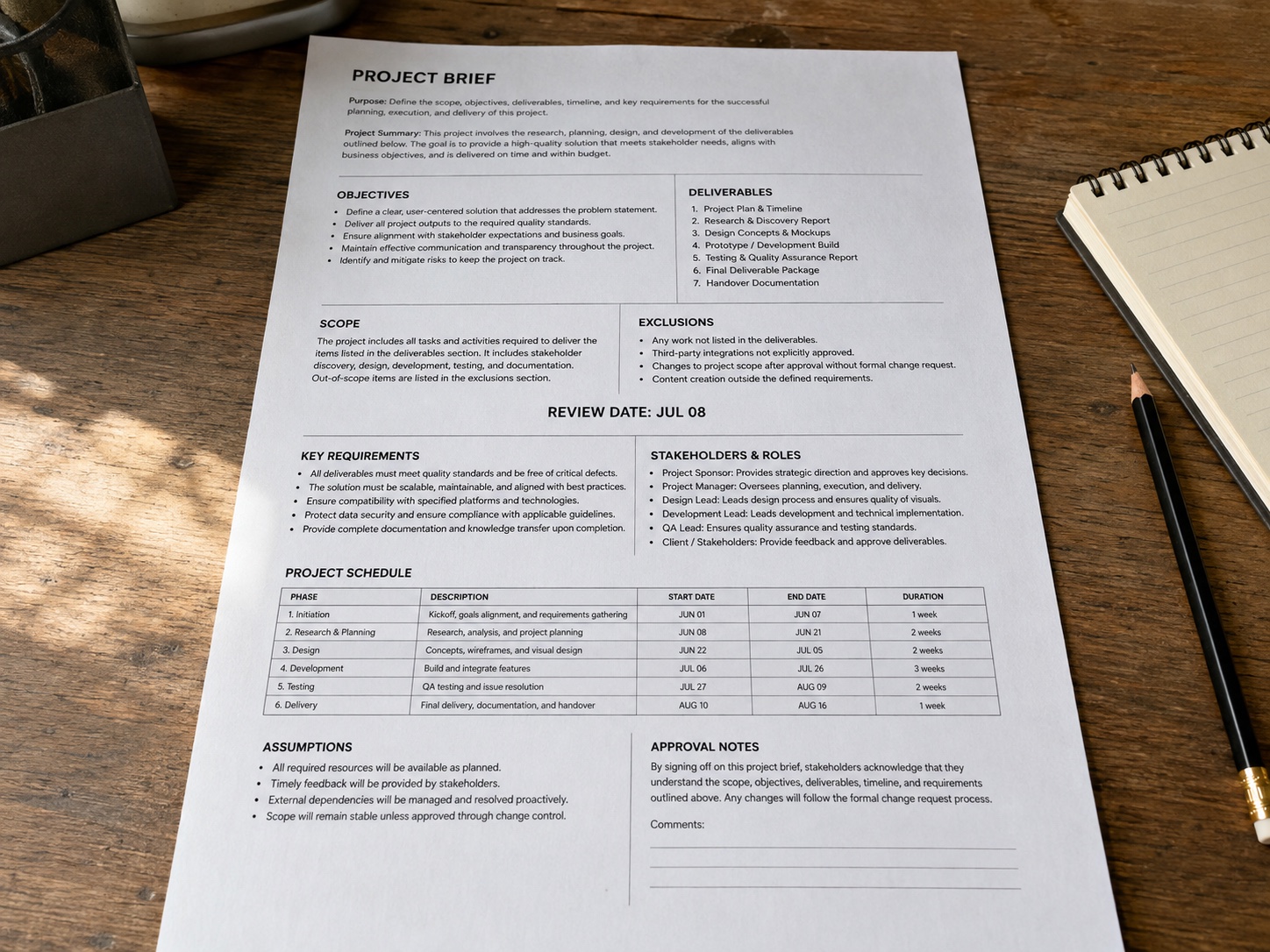 Brief de projet photographié avant la correction d'une date de relecture