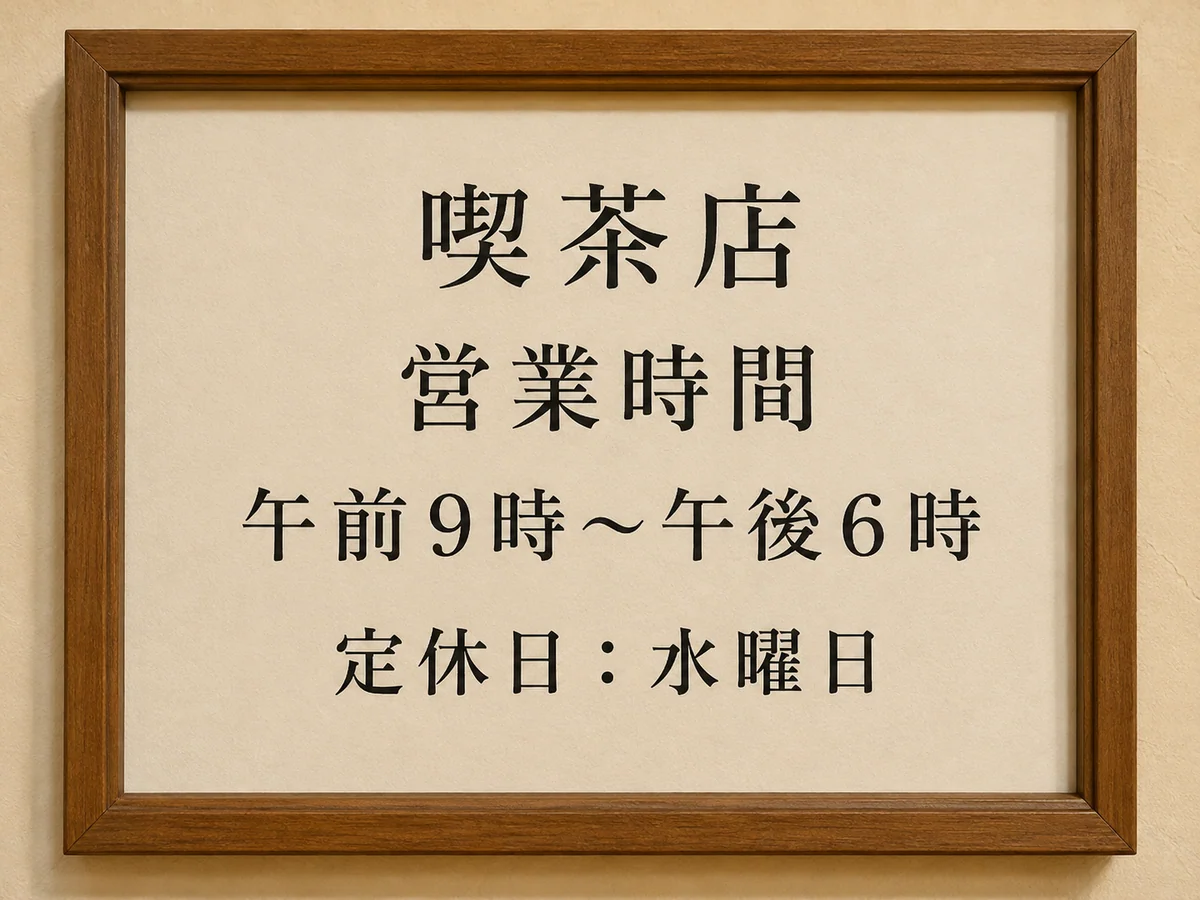 Japanese café sign showing its opening hours and closing day