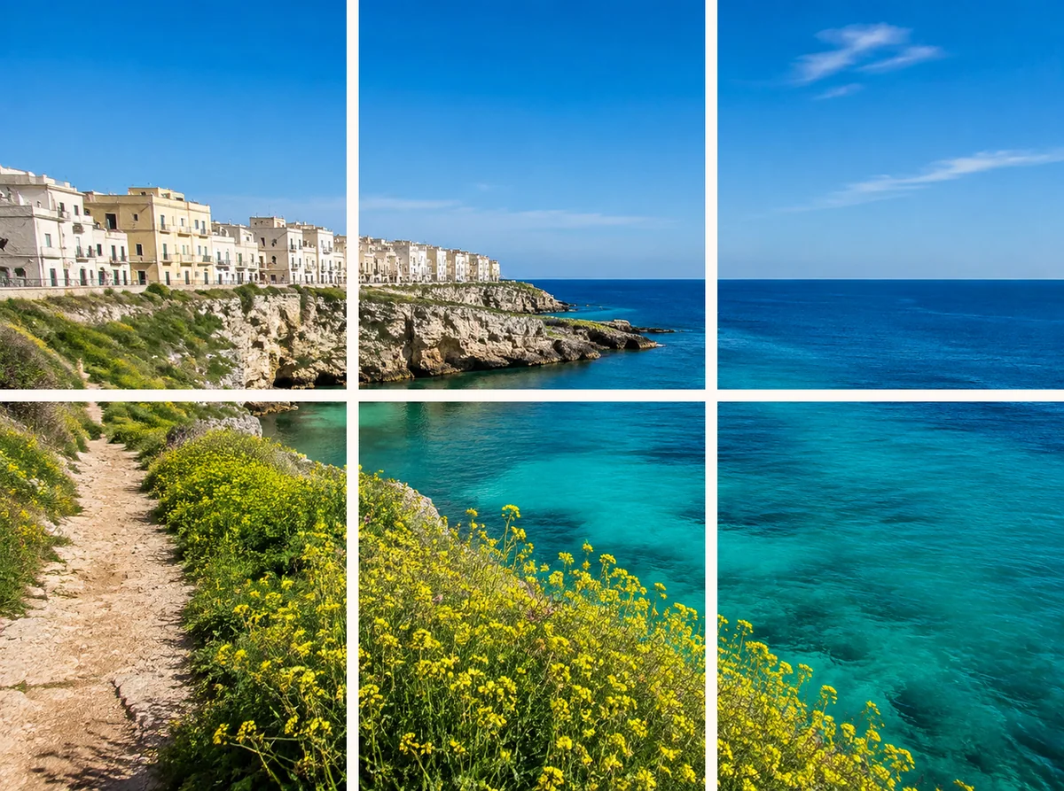 The same coastal photo cut into six separate tiles