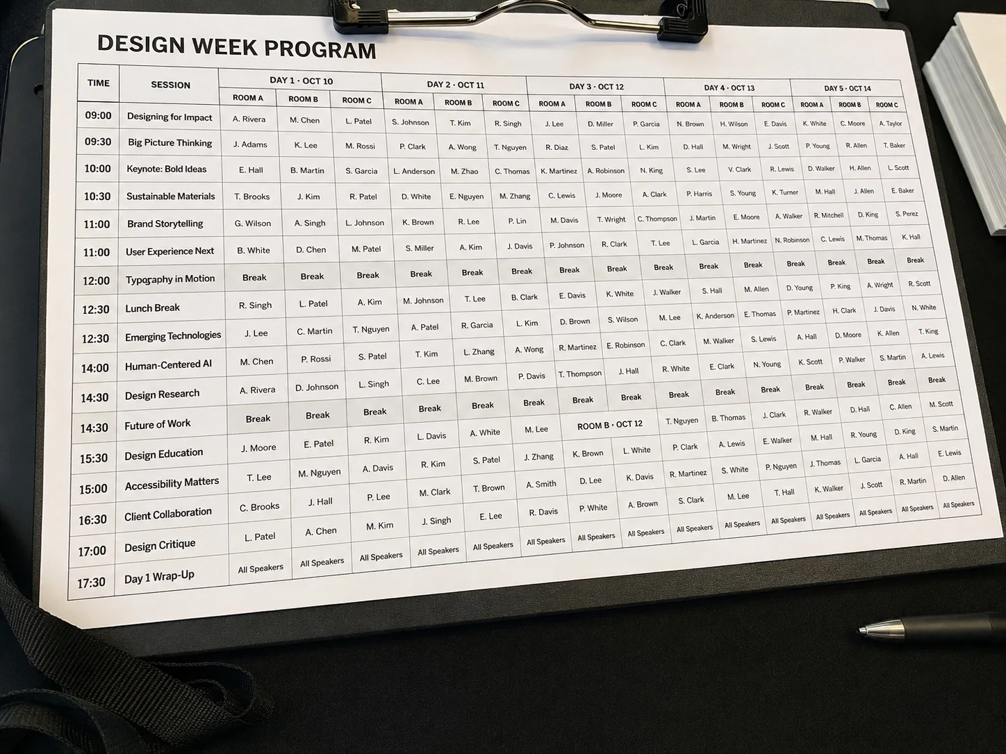 Dense photographed conference program before one session date is corrected