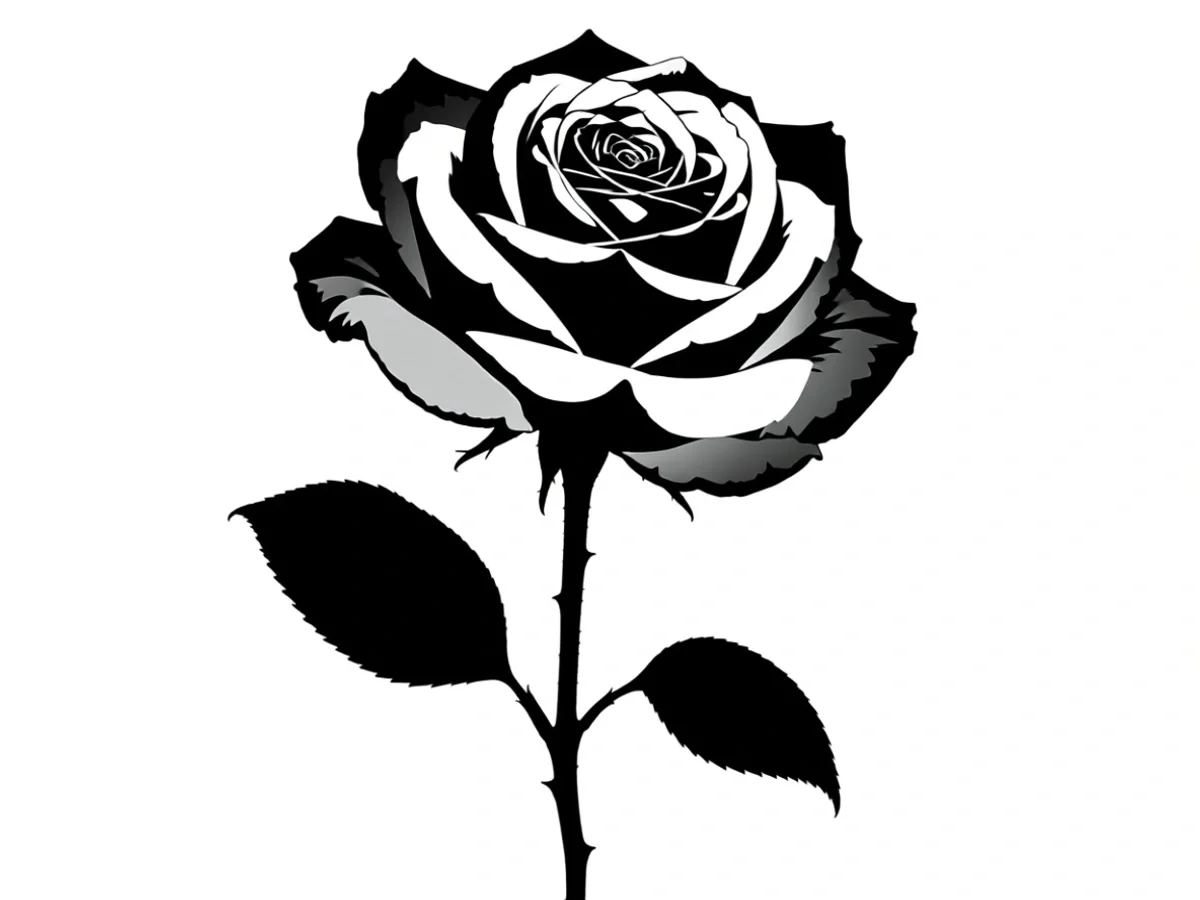 Flower — Keep the folds between petals, the stem and the leaf structure. Open white spaces give the flower definition within the black shapes.