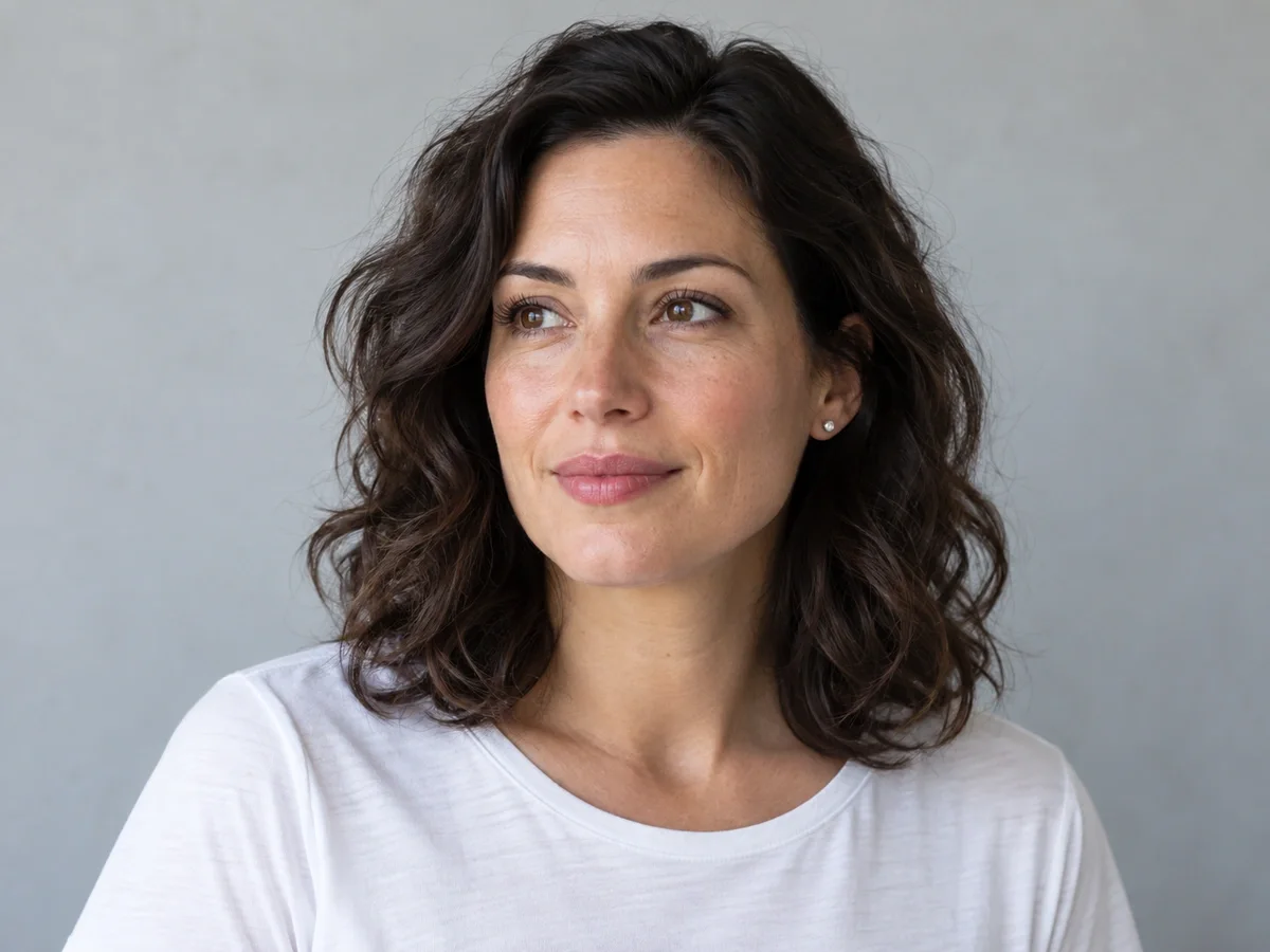 Adult woman with wavy dark hair before stencil conversion