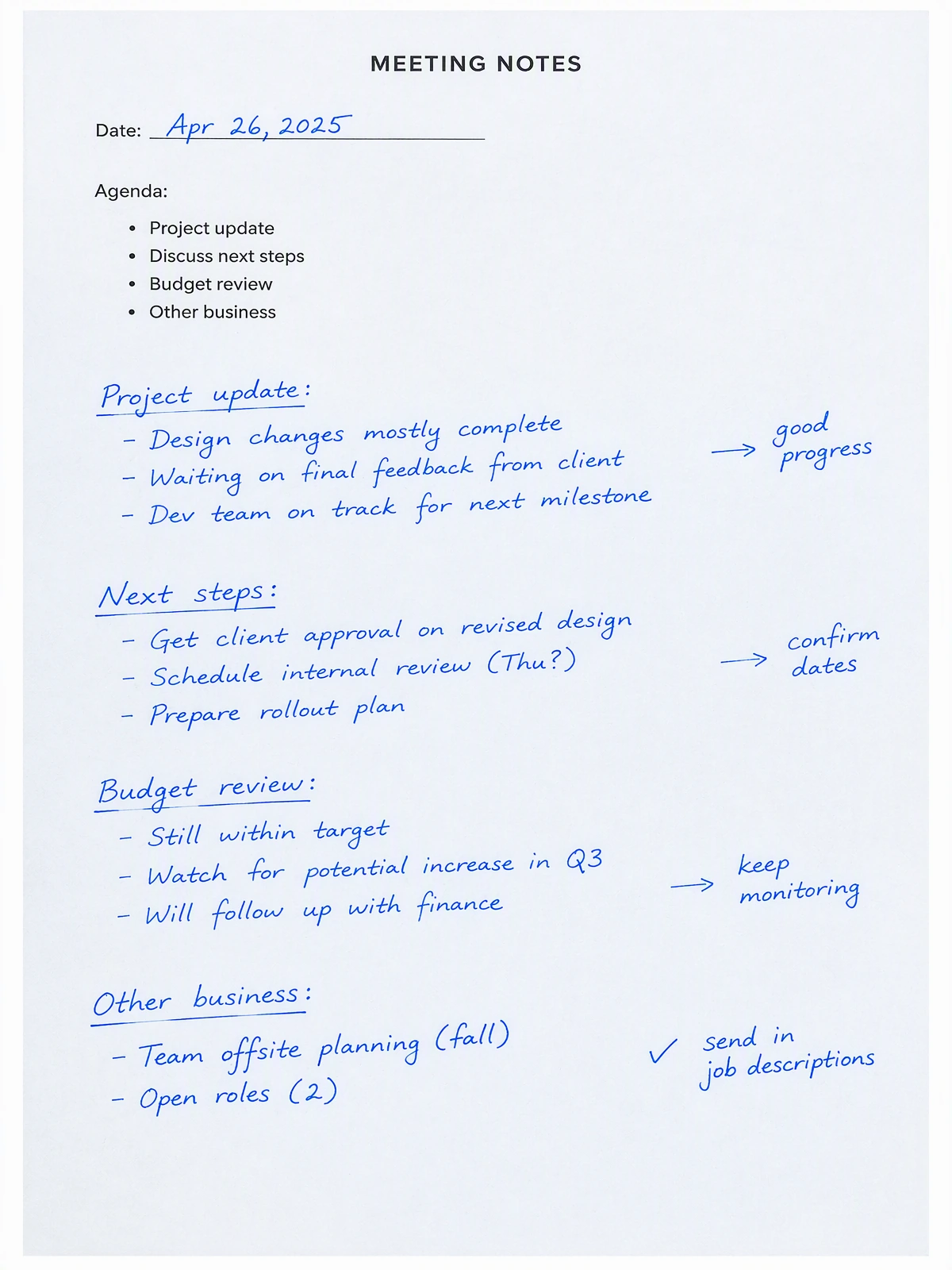 Illustrative straightened worksheet showing blue notes and arrows