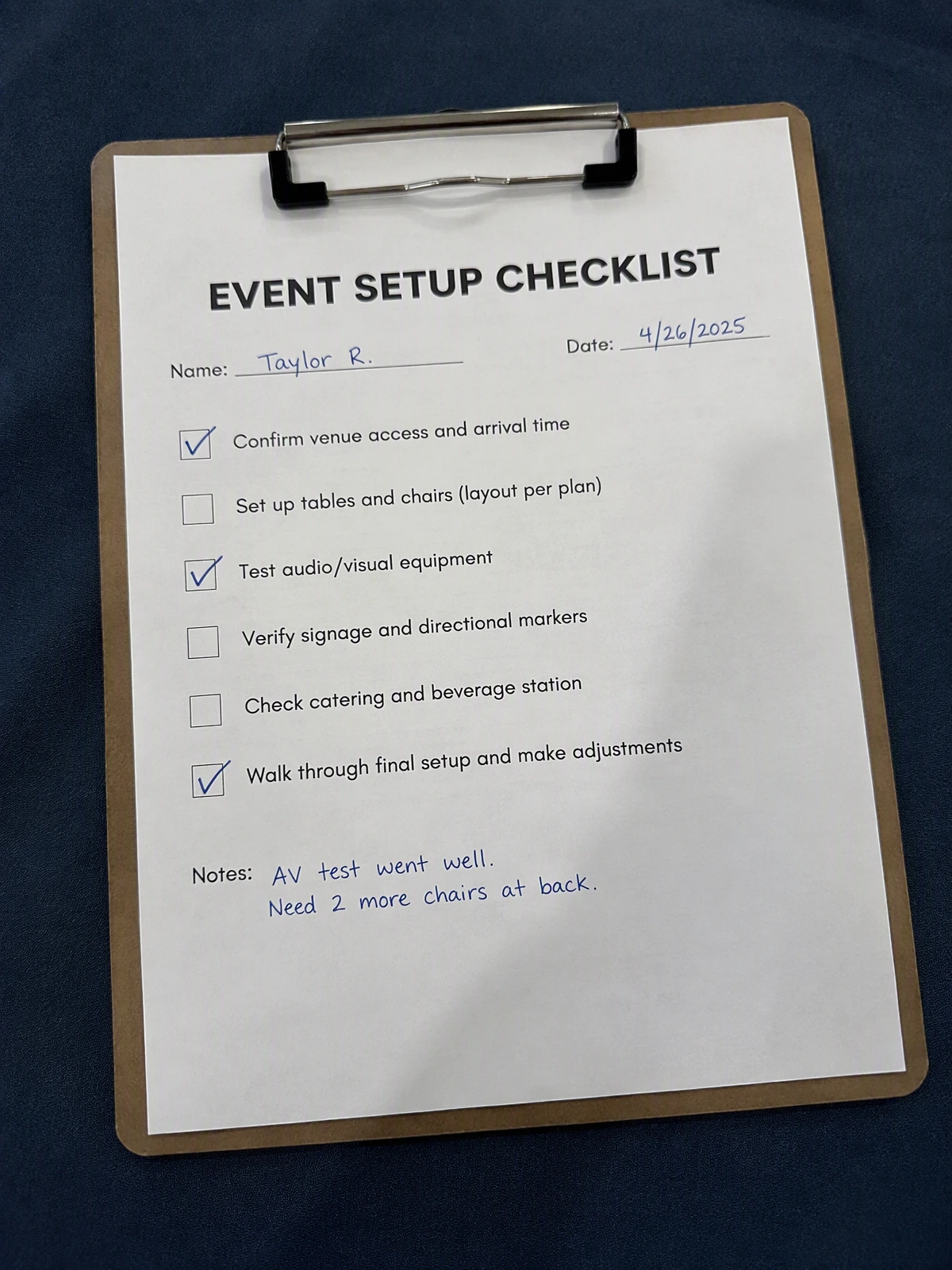 Illustrative checklist photographed on a clipboard