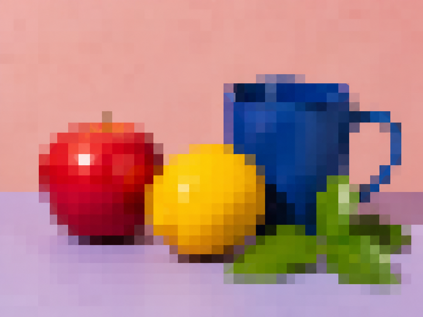 The same still life converted to crisp full-image mosaic blocks
