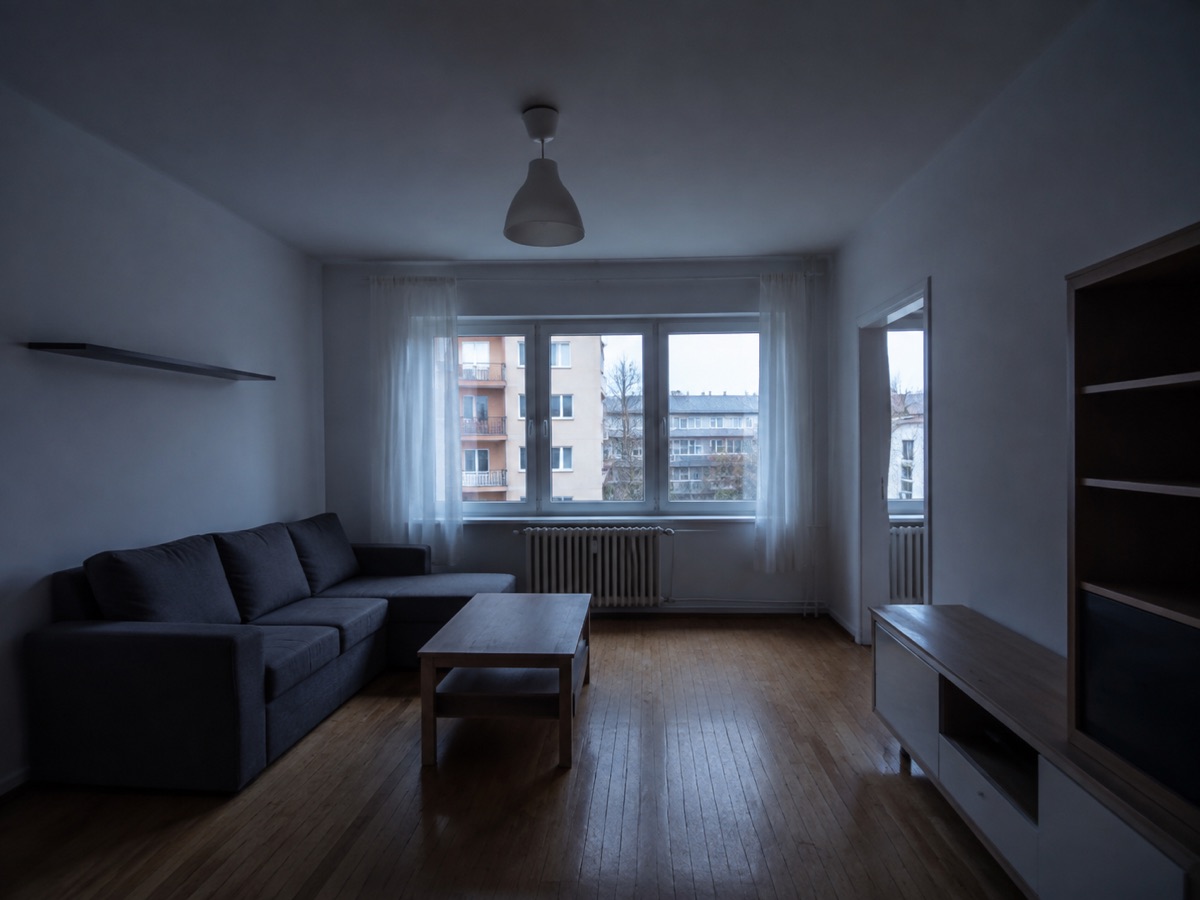 Wohnzimmer mit tiefen Schatten und kühlem Blaustich