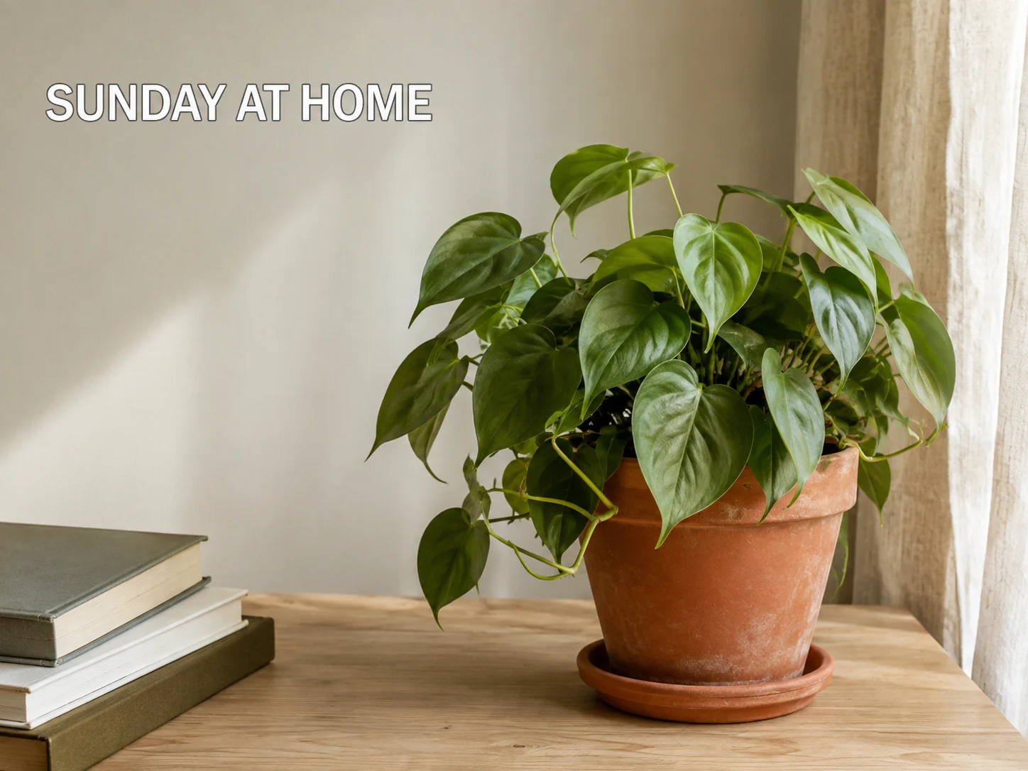 Plante sur un bureau en bois avec SUNDAY AT HOME inscrit sur le mur