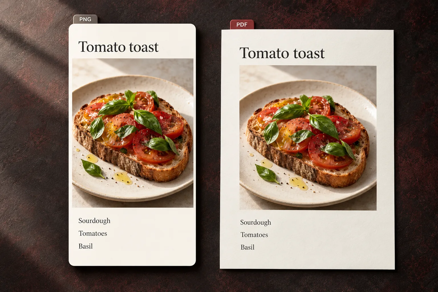 Illustrazione dello screenshot di una ricetta di toast al pomodoro in una pagina PDF