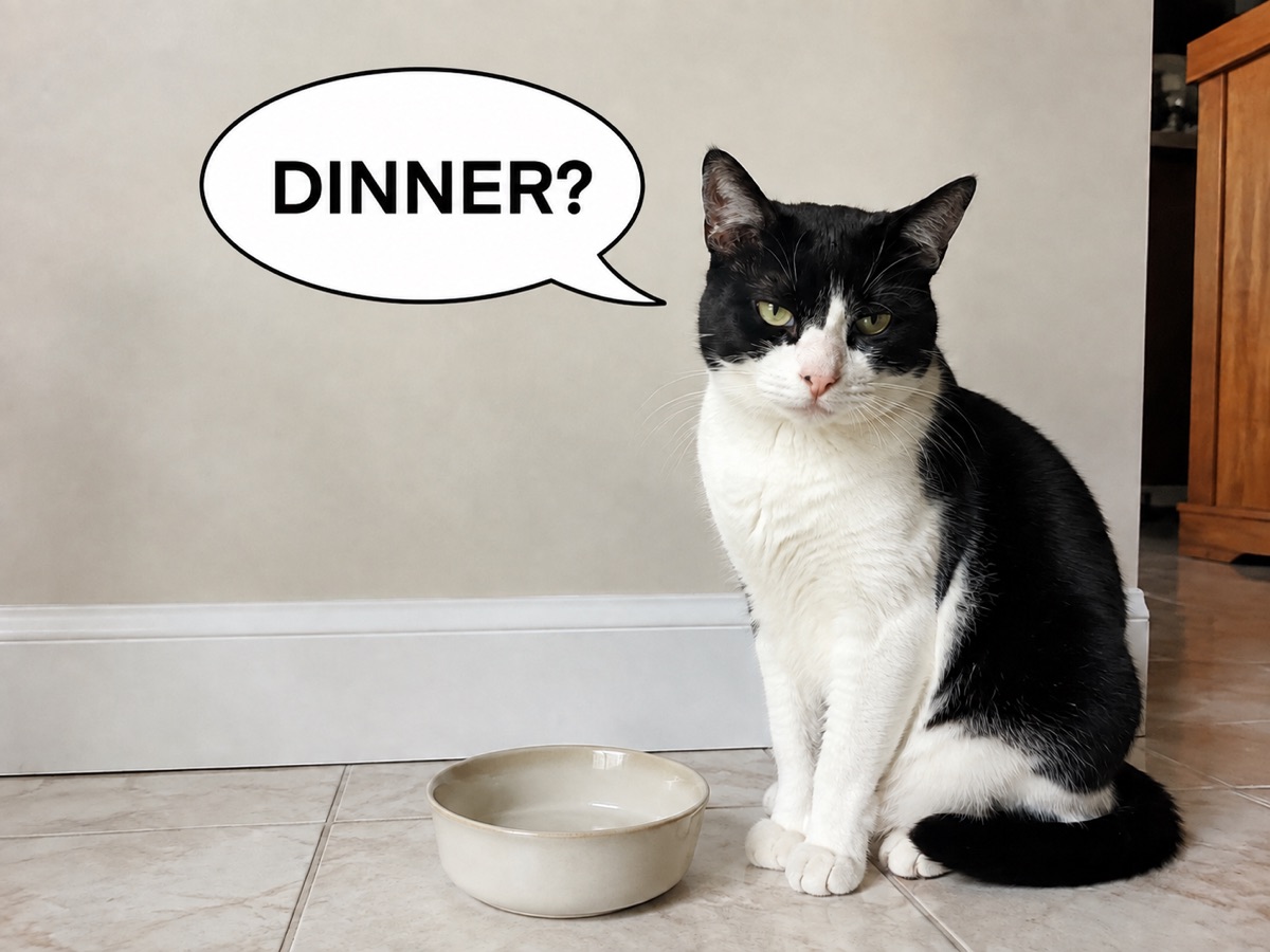 Aufs Abendessen wartende Katze nach dem Einfügen der Sprechblase